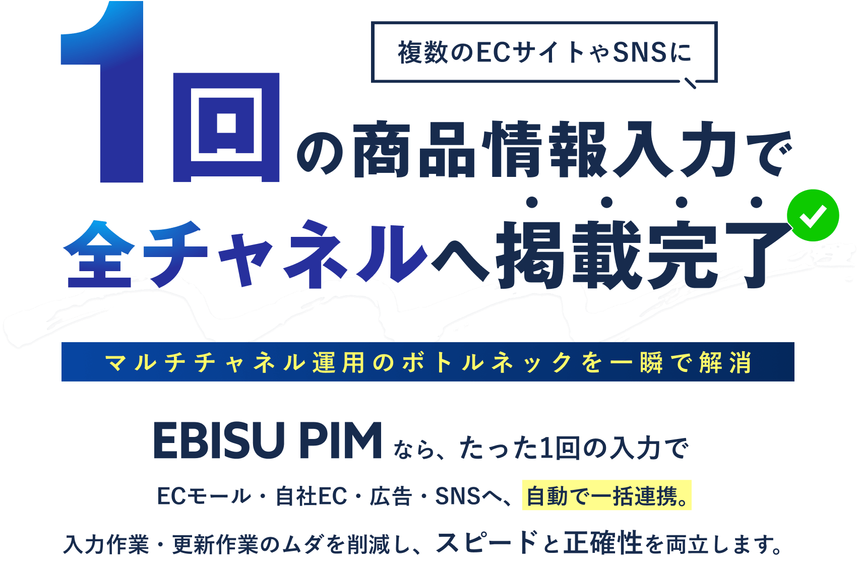1貝の商品情報入力で全チャネルへ掲載完了。マルチチャネル運用のボトルネックを一瞬で解消。EBISUPIMならたった1回の入力でECモール・自社EC・広告・SNSへ、自動で一括連携。入力作業・更新作業のムダを削減し、スピードと正確性を両立します。
